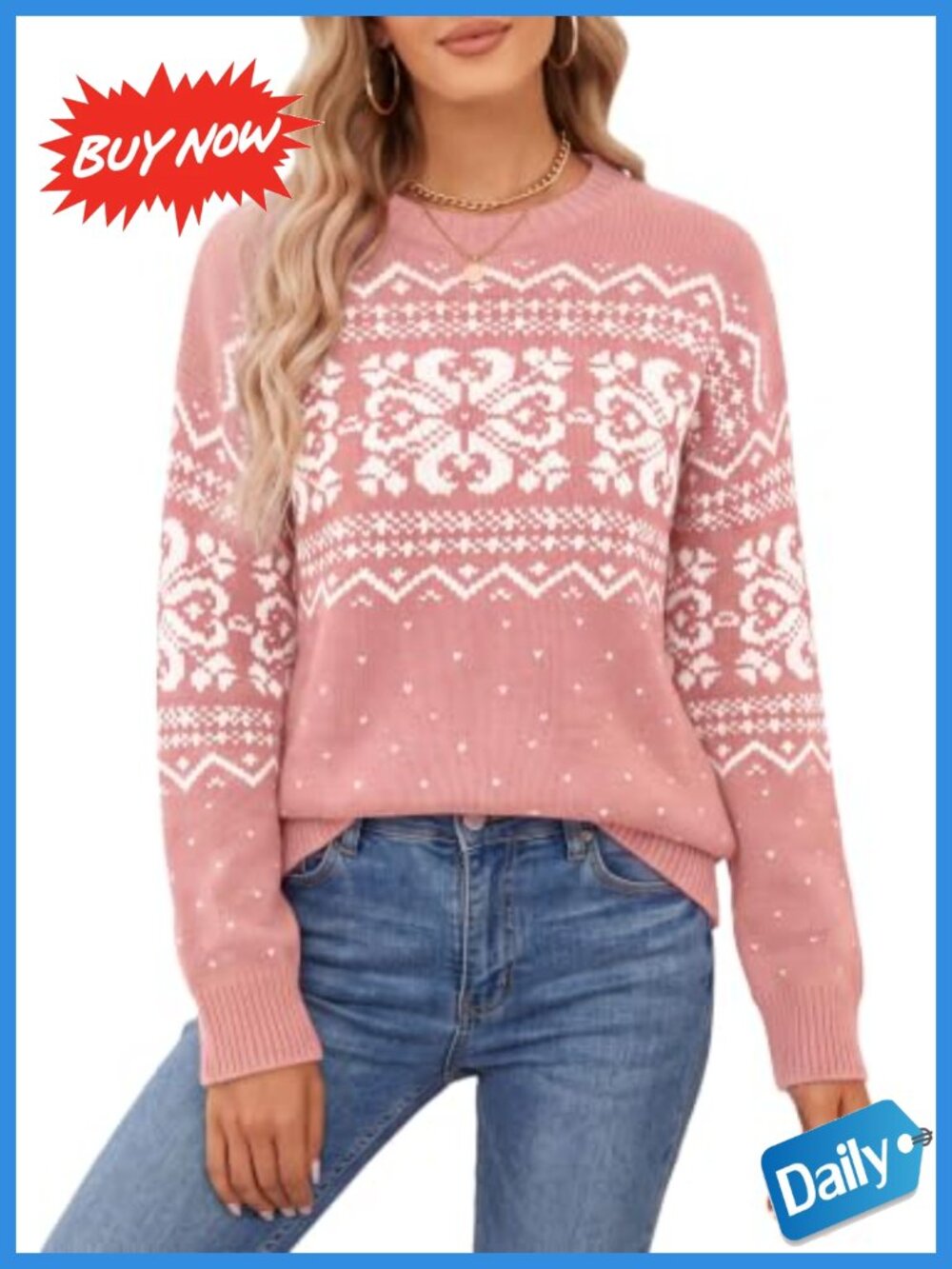 Fair Isle Oversized Pullover Sweater Medium Stretch 100% Acrylic